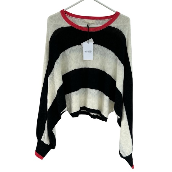 PROMESA Black + Cream Striped Slub Knit Lightweight NEW Sweater L - Picture 1 of 9